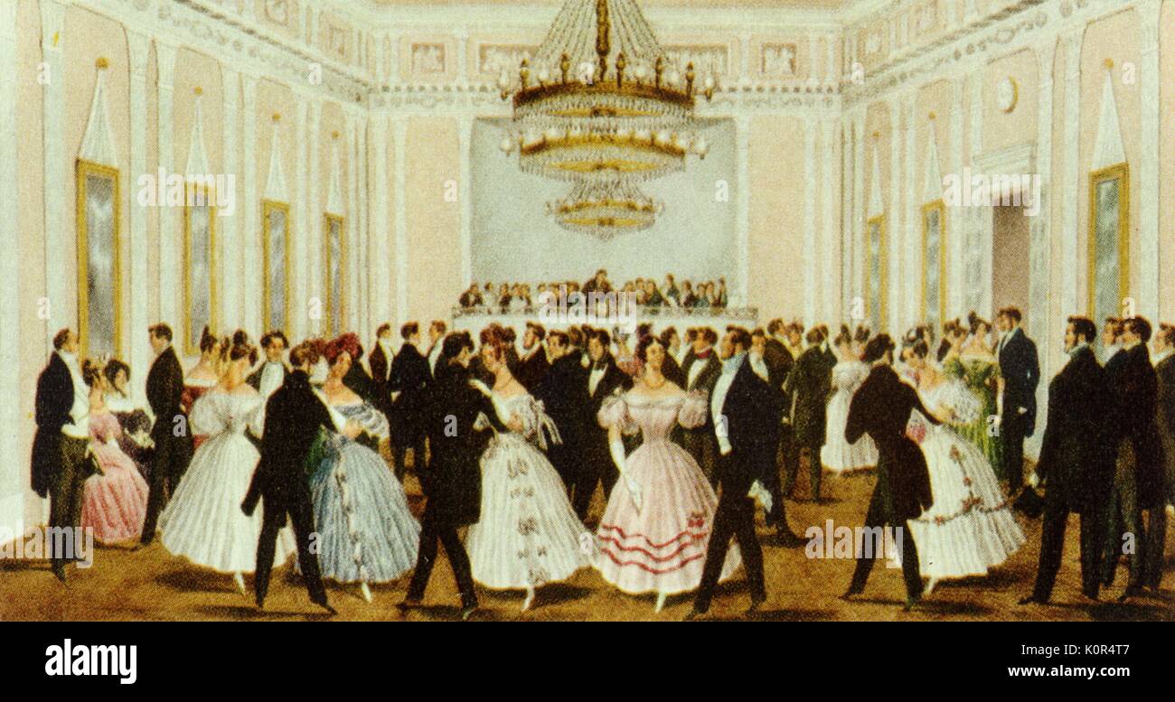 Waltz. Dance hall of the `Goldenen Birn`.  Early 19th century. Ball. Vienna. Johann Strauss. Stock Photo